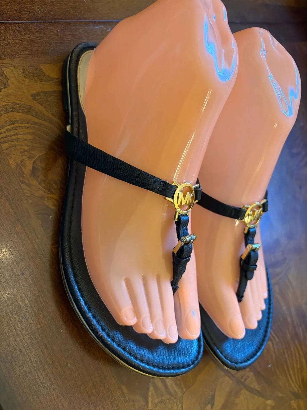 Michael Kors Black Leather T-Strap Sandals with Gold MK Medallions